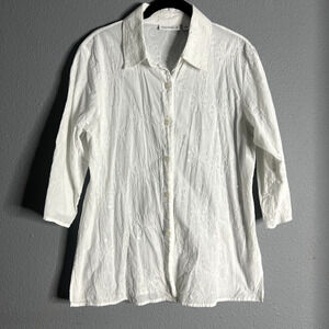 Susan Graver Womens Small White Floral Sequined‎ Button Up Blouse Career Wear